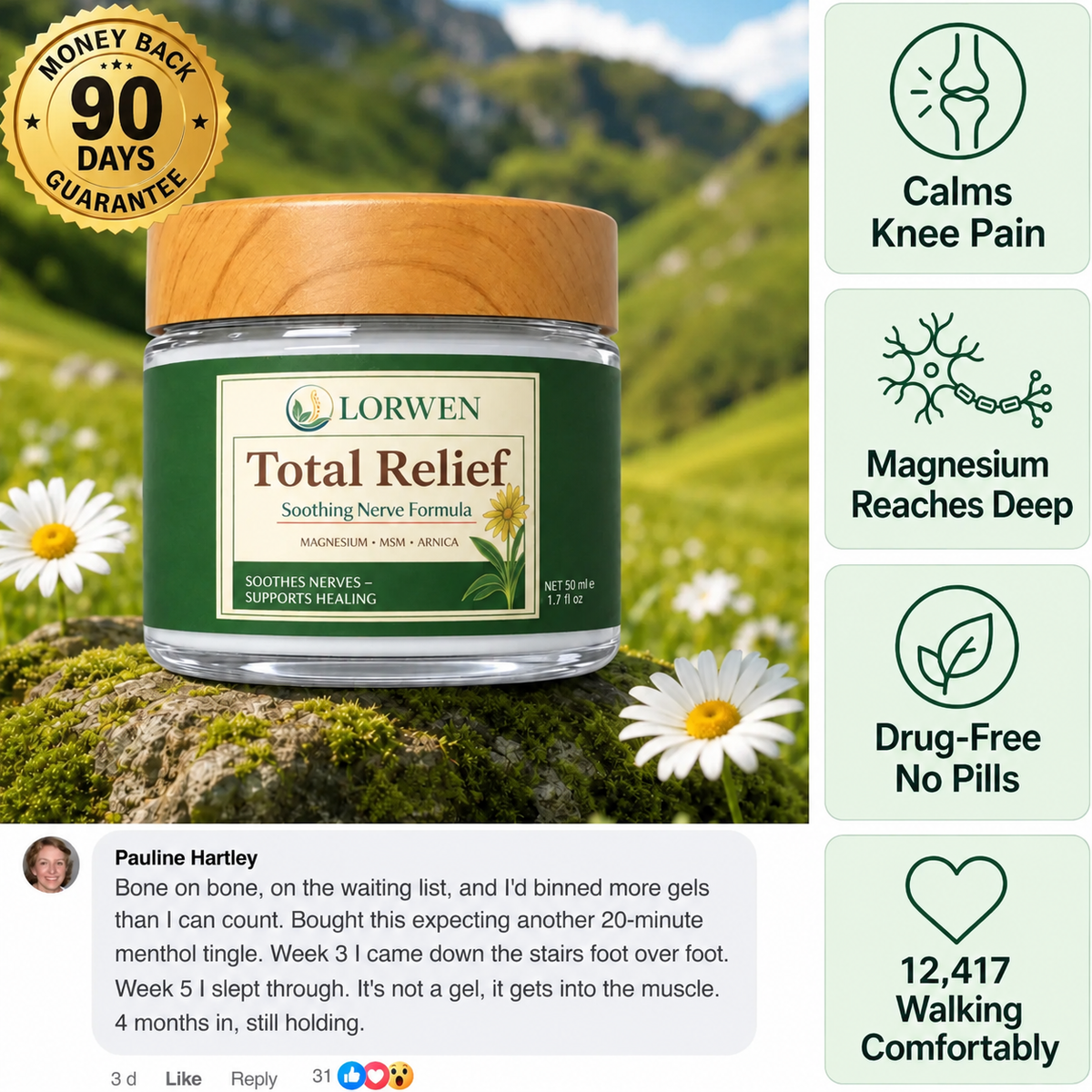 Calm the Grinding, Stiff, Bone-on-Bone Knee Pain in 15 Minutes, Without a Single Side Effect, Or Your Money Back